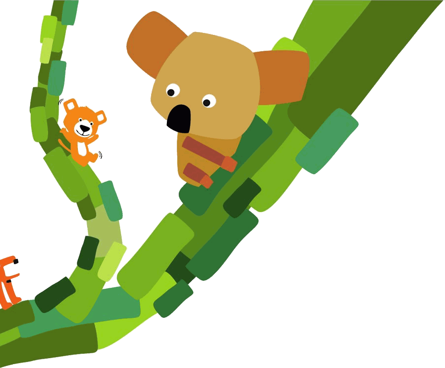 Leo, a tiger and a koala in the branches of the Anandvan tree