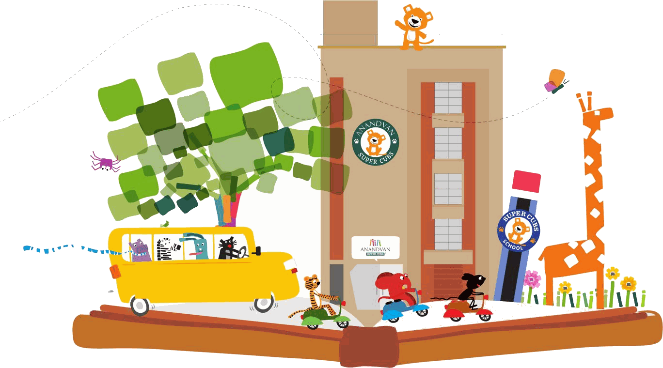 Leo waves from the roof of the SuperCubs building while the school bus and his friends arrive